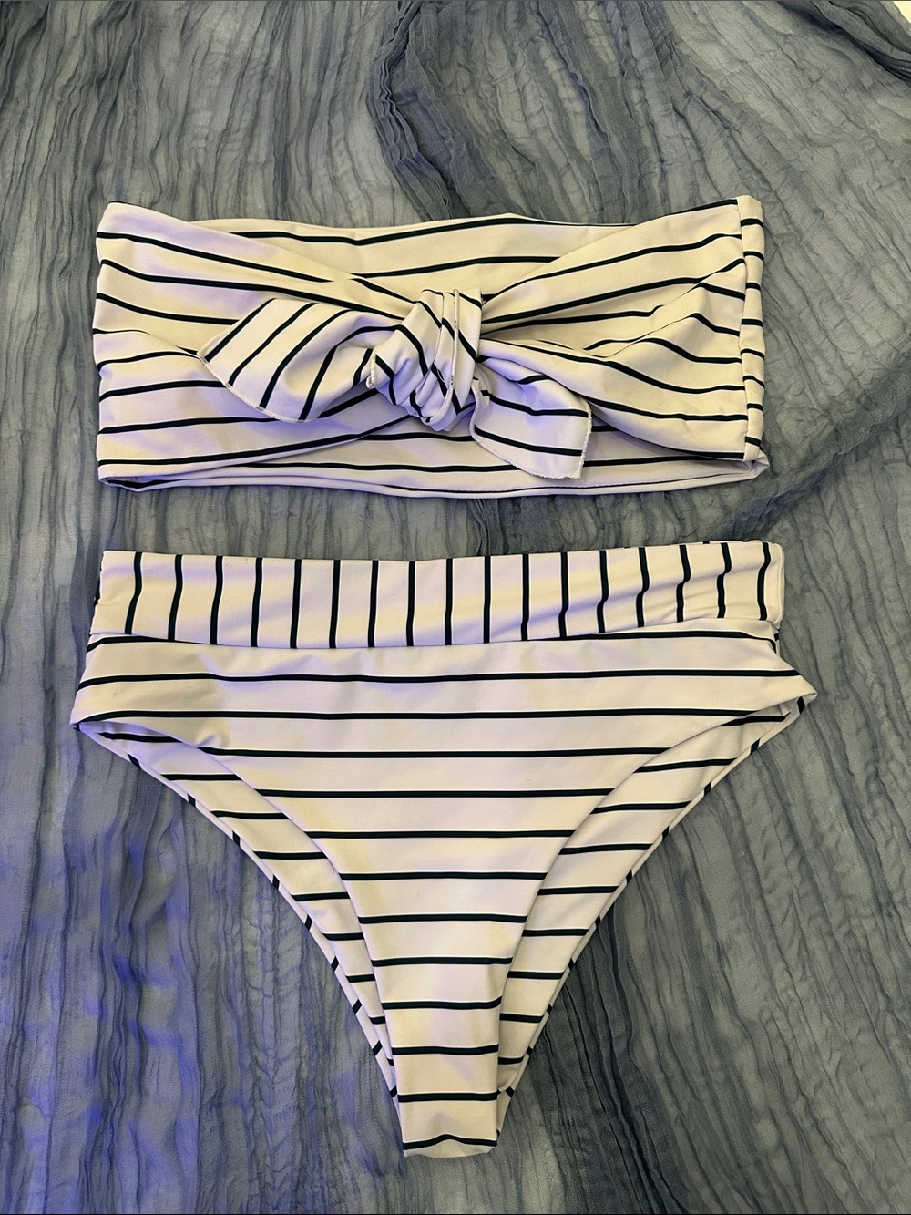 Striped Bandeau Bikini Set - White with Black Stripes